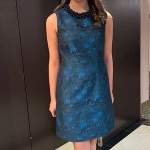 Betsey Johnson Jacquard turquoise & black sleeveless dress with beaded neckline